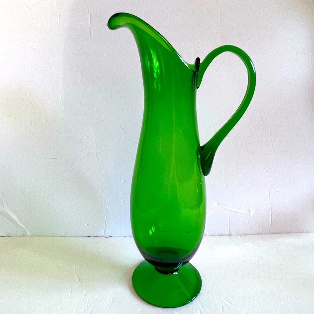 Vintage Hand Blown Green Glass Pitcher 19”